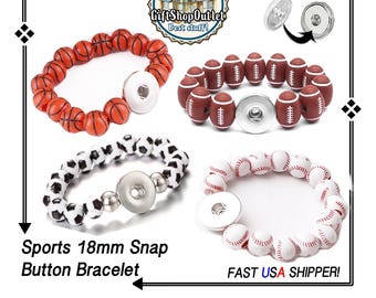 Basketball, Baseball, Football, Soccer Stretch Bracelet, Sports Snap Jewelry, #FootballBracelet, #BaseballBracelet, #BasketballBracelet