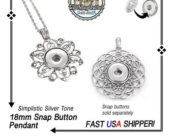 Silver tone Pendant in NEW DESIGNS for Snap Buttons, Ginger Snap Pendant - Snap Charms, Interchangeable Snap, Rhinestone Snaps, Gift for Her