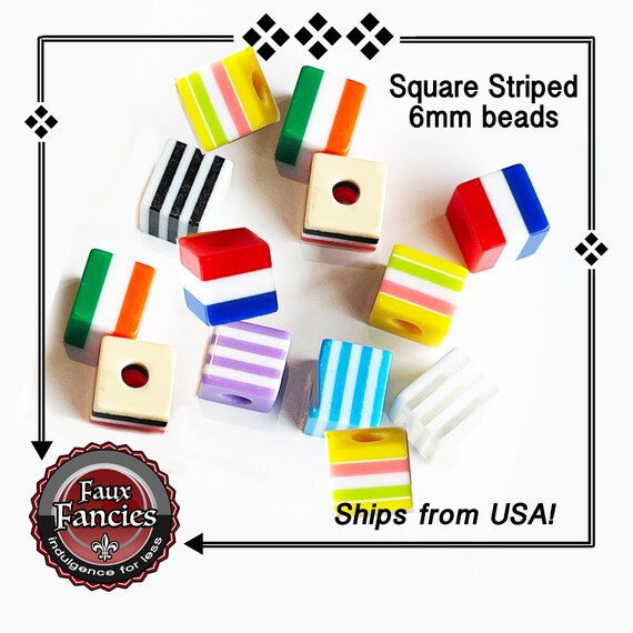 Square Striped 6mm Beads, Acrylic 3mm Holes, Jewelry Beads, Glass Beads, Acrylic Beads, #JewelryBeads, #GlassBeads, #BeadsForJewelry, Beads