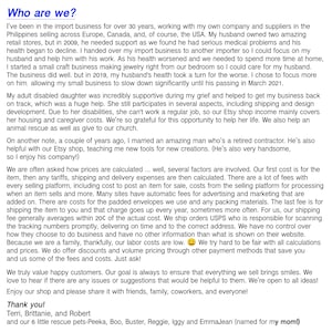 May include: A text-based document titled Who are we? detailing a family business history, personal experiences, and operational information. The content includes paragraphs about import business, family care, Etsy shop management, pricing factors, and customer service.