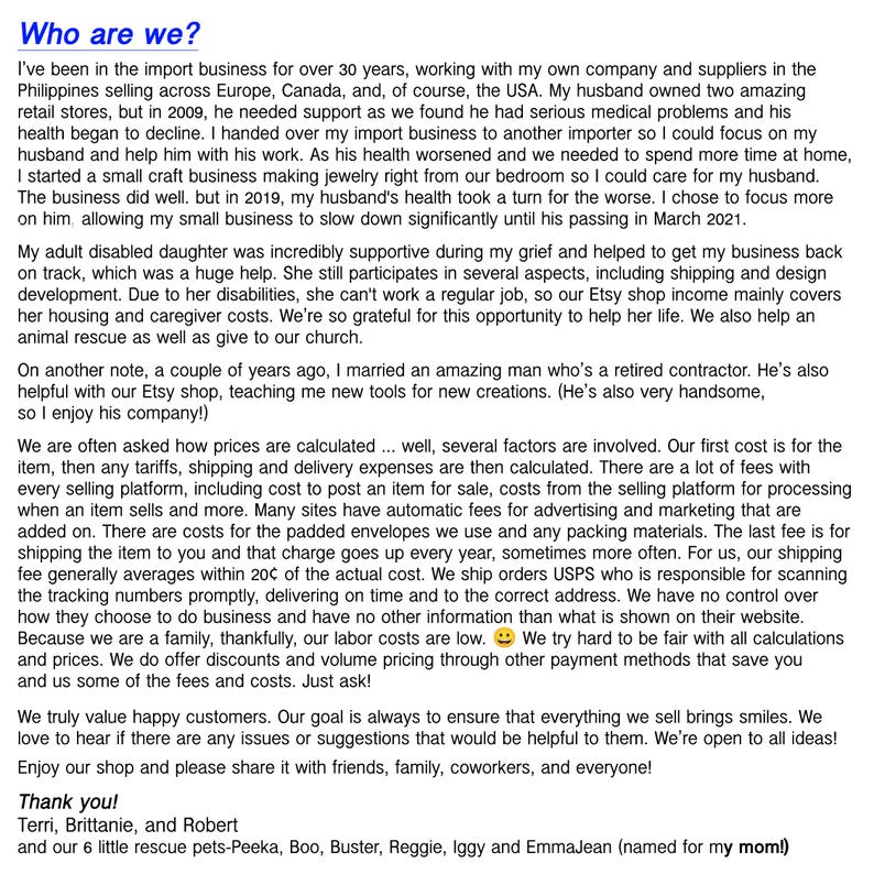 May include: A text-based document titled Who are we? detailing a family business history, personal experiences, and operational information. The content includes paragraphs about import business, family care, Etsy shop management, pricing factors, and customer service.