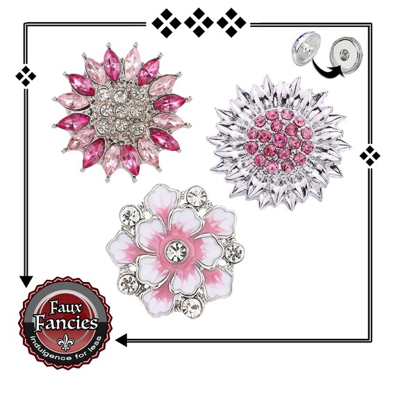Rhinestone Pink Snap Buttons, 18mm Ginger Snap, Rhinestone Flower Snap Charm, Purple Charms, Pink Snaps, #RhinestoneCharms, #SnapJewelry