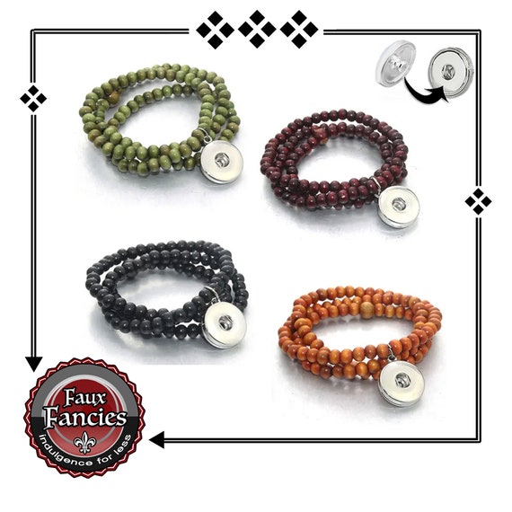 WOOD Snap Button STRETCH Bracelet, 18mm Beaded Snap Button Jewelry, Snap Button Bracelet, #SnapJewelry, #SnapBracelet, #StretchBracelet