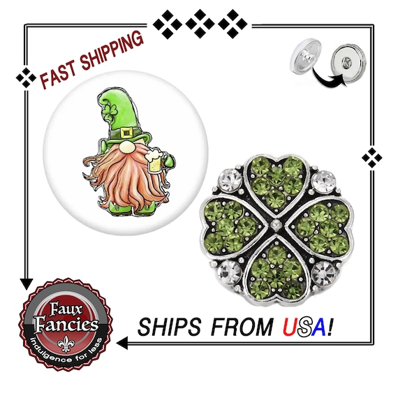 FUN! St Pats Snap Button, RHINESTONE Clover Snap, LEPRECHAUN Cabochon Snap, #StPatricksSnap, Ginger Snap, #BraceletCharm, #SnapCharm, #StPat