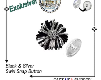 EXCLUSIVE! Black and Silver Swirl Snap Buttons, 18mm Ginger Snaps, Black Flower Snap Buttons, #SnapButtonCharm, #SwitchableSnaps, SnapPopper