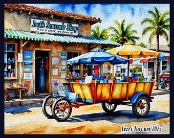 Hand Highlighted Beach Souvenir Shop Canvas Art: Custom Vacation Gift