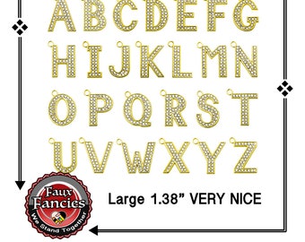 Gold Tone Rhinestone Initial Pendant: Large Dangle Letter Charm