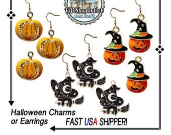 Enamel Halloween Earrings or Charms: Witch, Kitty, Pumpkin