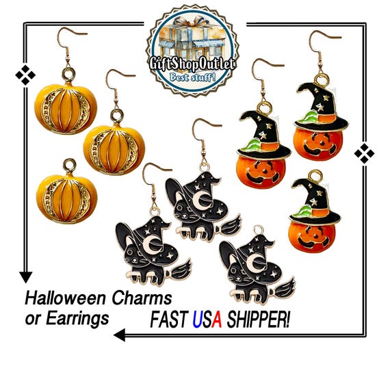 Spook-tacular Halloween EARRINGS and Charms, Kitty Charm, Pumpkin Charm, Witch Charm, Halloween Charm, Halloween Jewelry, #HalloweenEarrings