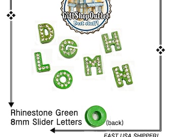 CLOSEOUT! GREEN 8mm Rhinestone Slide Letter, Colored Slide Letter, Alphabet Charm, #SlideLetter, Rhinestone Letter, Bracelet Letter, #Letter