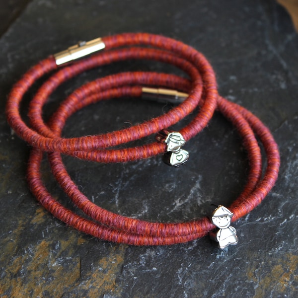 Irit ALPACA matching couple bracelets - COPPER tweed | charms , silver bead, braided, ethical hand-dyed yarn, uk, handmade