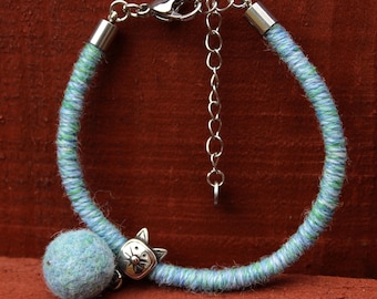 The Cats ALPACA bracelet - MELANGE BLUE | macrame, silver bead, felted, alpaca yarn, for her, uk, ethical, hypoallergenic, cat lover