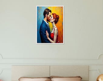 Portrait of a loving couple: Elegant poster with wooden frame - the perfect gift