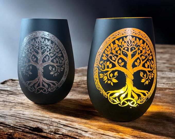 Featured listing image: Tealight, lantern glass black with engraving tree of life, perfect as decoration for your home or as a gift
