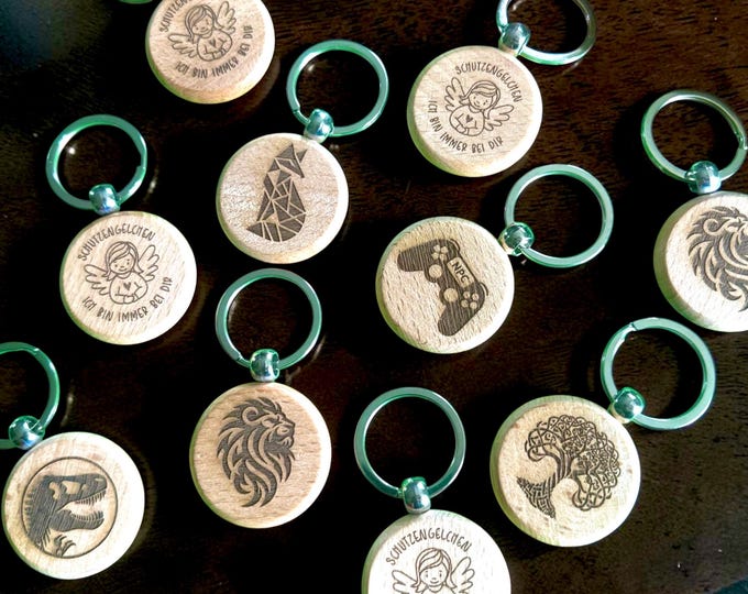 Featured listing image: Personalized engraved wooden keychain | Guardian angel, lion, dinosaur, tree of life | Gift for birthday or christening | Handmade