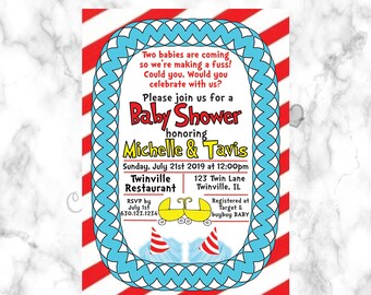 May include: A red and white striped baby shower invitation with a blue and white border. The invitation says "Please join us for a Baby Shower honoring Michelle & Tavis" and includes the date, time, location, and RSVP information.