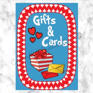 Gifts, Cards, Table Sign, Cat, Party Sign, Baby Shower, Hat, Birthday, Whimsical Decorations, Red White Teal Aqua