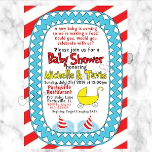 Baby Shower Invitation, Red, White, Aqua, Teal, Yellow, Twins, Things, Whimsical Decorations