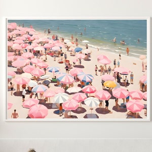 Impression d'affiche de plage vintage, art côtier abstrait, décoration d'appartement girly, art mural rose, art mural plage, décoration fille, parapluie de plage, numérique