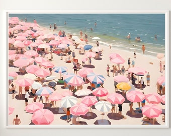 Vintage Beach Poster Print, Abstract Coastal Art, Girly Apartment Decor, Pink Wall Art, Beach Wall Art, Girl Decor, Umbrella beach, Digital