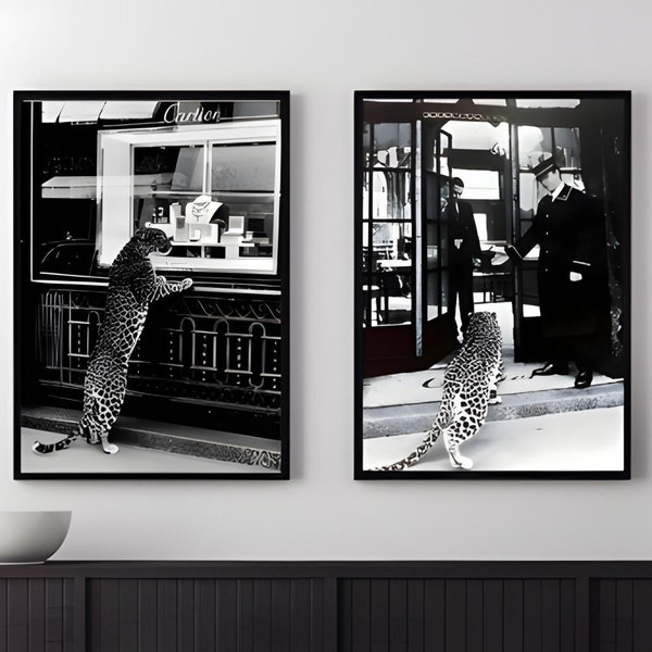 Panther in the Jewelry Shop Poster Cheetah Print Black and White Vintage Photography Fashion Print, 1950 Wall Art Set 2Ps, Digital download