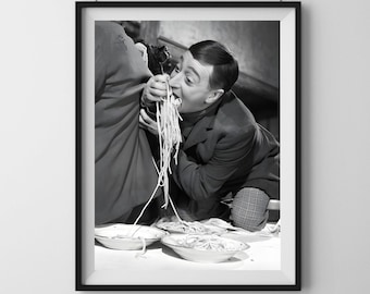 More Spaghetti Toto Eating Pasta, Black & White photo Print, Retro Pasta Posters, Italian Kitchen Print Decor, Vintage Art, Digital Download
