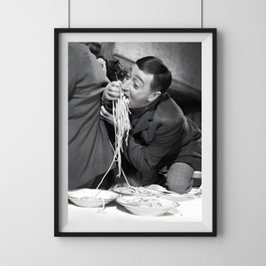 Toto Eating Spaghetti Poster, Black and White, Vintage Pasta Print, Antique Photo, Kitchen Wall Art, Restaurant Decor,Gift, Digital Download