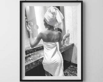Woman Drinking Wine in Bathroom Poster, Bar Cart Print, Black and White Fashion Wall Art Print Feminist Poster Girls Bathroom Decor, Digital