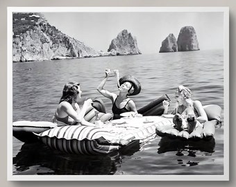Femmes mangeant des pâtes sur le lac, art mural vintage, art amusant, pâtes pique-nique sur le lac, pique-nique sur le lac, affiche d'art, impressions d'art mural, téléchargement numérique