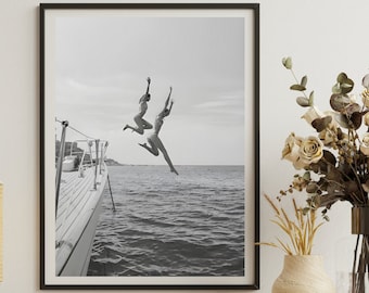 Black and White Ocean Jump Sail Boat, Yacht Wall Art, Women Jumping into Water, Beach Print, Summer Art, Boat Wall Art, Digital download