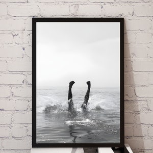 Fine Art Black and White Photography Print - Ocean Dive Beach Lifestyle Fine Art Photo Vintage Portrait Home Wall Decor, Digital Download A4
