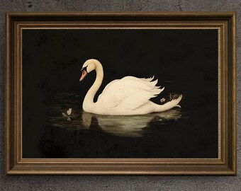 May include: A framed painting of a white swan swimming in a dark body of water. The swan has its head turned to the left and its wings are spread out. The water is dark and there are some small white flowers in the water.