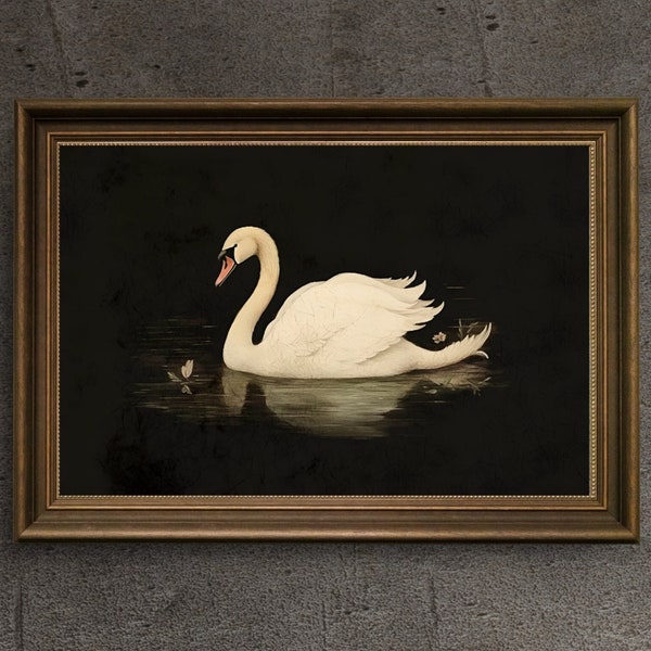Antique Swan Watercolor Painting, Neutral Wall Art Large Wall Art Minimalist Vintage Swan Print, Weathered Black Background Instant Download