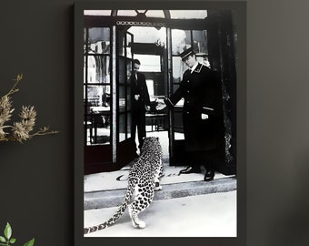 Retro Vintage Panther in Restaurant Print - Old Fashion Photography Wall Art Decor - Black and White Trendy Leopard Jaguar, Digital download