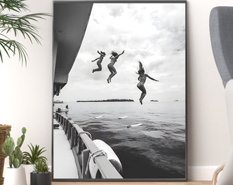 Ocean Jump Sail Boat Yacht Print Summer Black and White Wall Art, Vintage Photography Prints, Museum Quality Photo Art, Digital download
