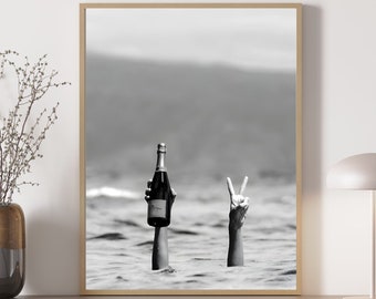 Woman with Champagne on Beach Poster, Bar Print, Wine Print, Alcohol Art, Feminist Print Girl Room Wall Decor, Beach Print, Digital download