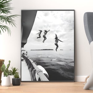 Ocean Jump Sail Boat Yacht Print Summer Black and White Wall Art, Vintage Photography Prints, Museum Quality Photo Art, Digital download