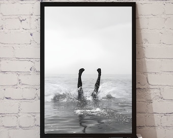 Fine Art Black and White Photography Print - Ocean Dive Beach Lifestyle Fine Art Photo Vintage Portrait Home Wall Decor, Digital Download A4
