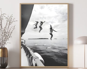 Friends Freedom Jump Sail Boat Yacht Photo, Summer Black & White Wall Art, Vintage Ocean Jump Photo, Photography Art Print, Digital Download
