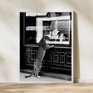 Panthère dans la bijouterie affiche guépard impression photographie vintage noir et blanc impression de mode, 1950 affiche d'art mural, téléchargement numérique