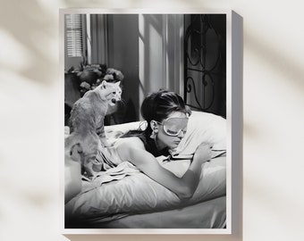 Audrey Hepburn Wall Art, Breakfast at Tiffanys Poster, Black and White Print, Vintage Photo, Classic Hollywood Art, Woman and Cat Wall Decor
