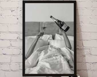 Woman Drinking Wine in Bed Poster, Bar Cart Print, Black and White, Cocktail Wall Art, Alcohol Poster, Room Decor, Feminist Poster, Download