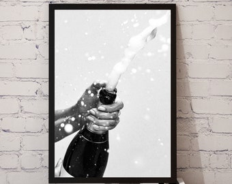 Champagne Bottle Poster, Bar Cart Art, Bar Pub Black and White Wall Art, Photography Prints, Wall Decor, Wall Art champagne Digital Download
