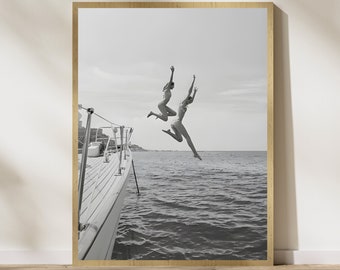 Friends Freedom Jump Sail Boat Yacht Photo, Summer Black & White Wall Art, Vintage Ocean Jump Photo, Photography Art Print, Digital Download