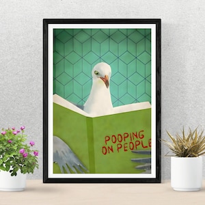 Piccione divertente, Libro di lettura di uccelli, Poster divertenti per il bagno, Animale domestico umoristico, Poster che fa la cacca sulle persone, Arte della parete, Arredamento WC, DOWNLOAD DIGITALE