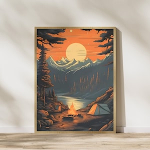 Vintage Campfire Forest Wall Art Nature Poster Print Retro Style Artwork, Camping Home Decor Wanderlust Wall Art Printable, Digital Download