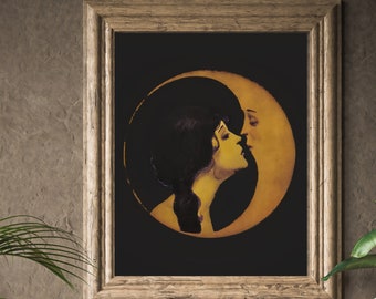 Mujer besando luna, diosa de la luna de arte vintage, beige oscuro y luna dorada, impresiones cuadradas, regalos de pareja de moda, decoración de arte de pared, descarga digital