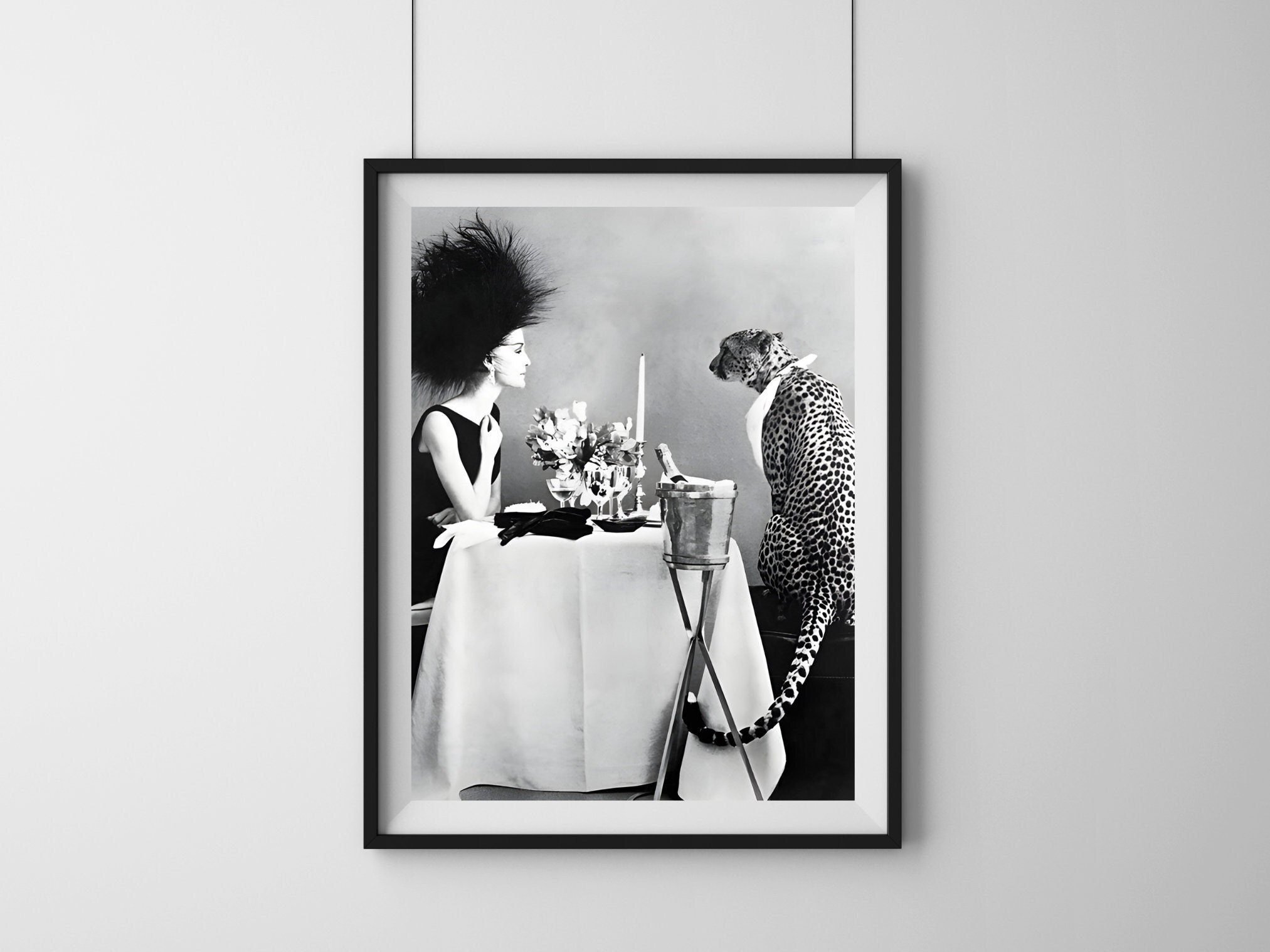 Model With Cheetah Having Dinner Print, Black and White Wall Art, Vintage Print, Photography Prints, Museum Quality Photo Art Print, Digital
