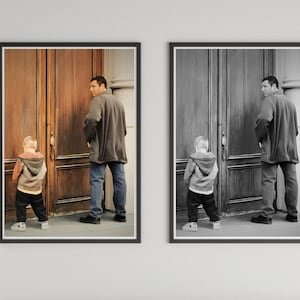 May include: Two framed photographs of a man and a young boy standing in front of a wooden door. The man is wearing a jacket and jeans. The boy is wearing a hooded sweatshirt and jeans. The photo on the left is in color, while the photo on the right is in black and white.