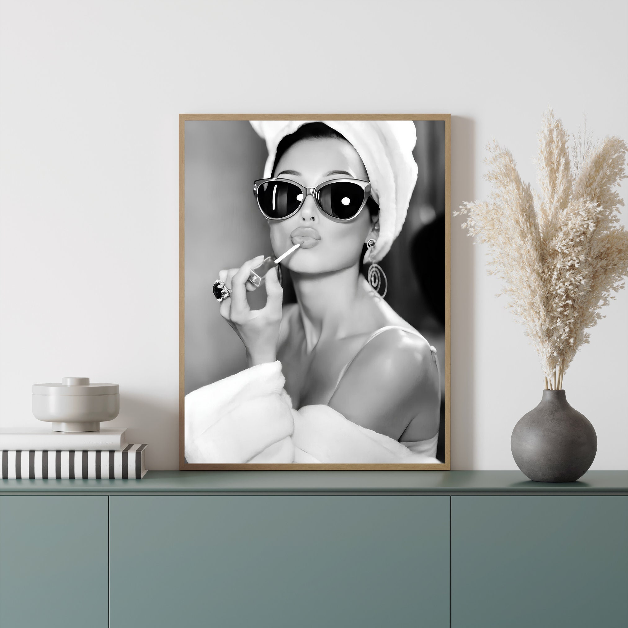 Audrey Hepburn Lipstick Wall Art, Black and White Print, Vintage